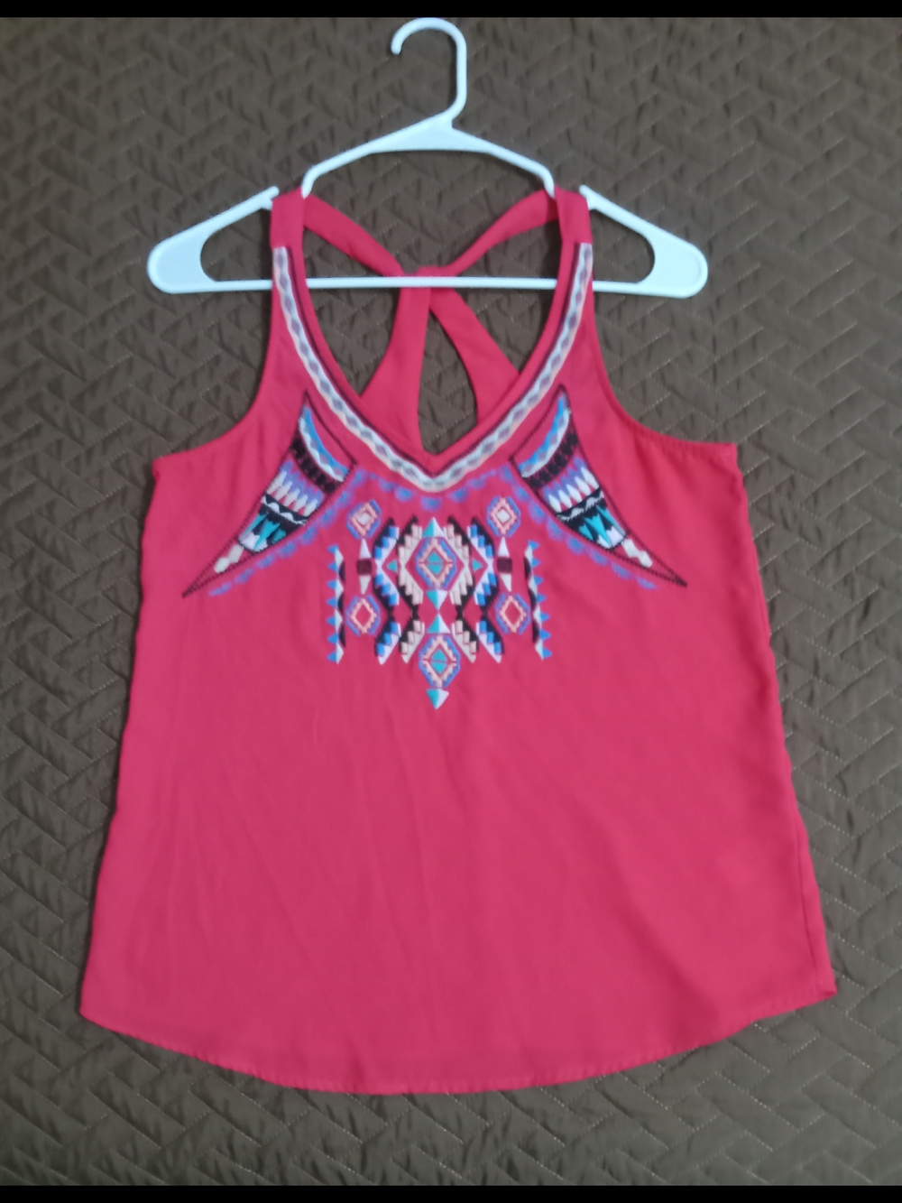 Maurices Embroidered Crisscross Back Tank Top - Coral Pink
